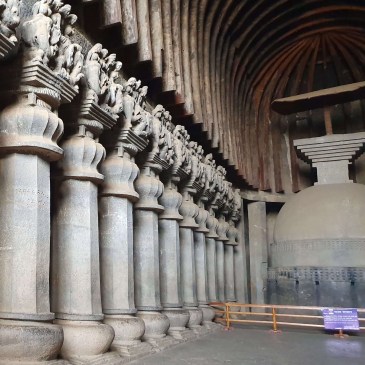 Interior of Karla Cave Prayer Hall, Lonavala, Maharashtra, India